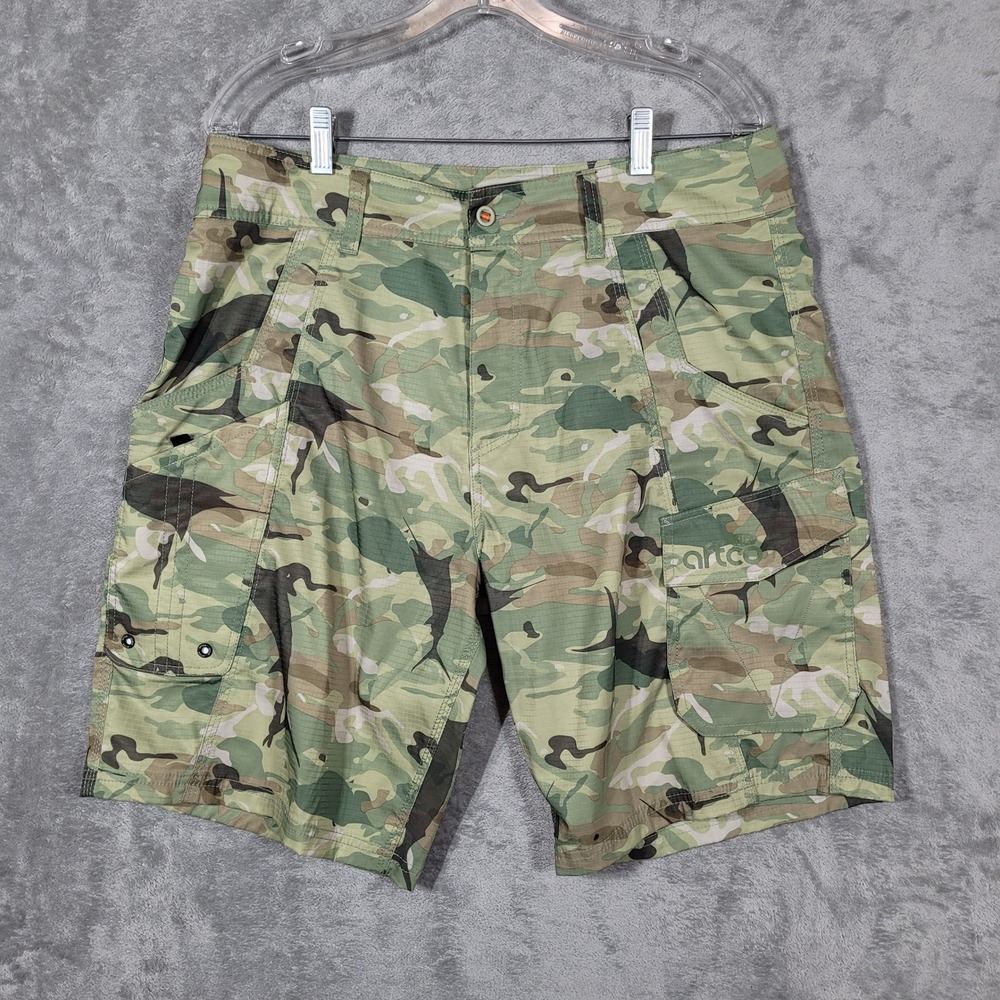AFTCO TACTICAL FISHING SHORTS MENS 36 CAMO PERFORMANCE CARGO 10" GREEN RIPSTOP